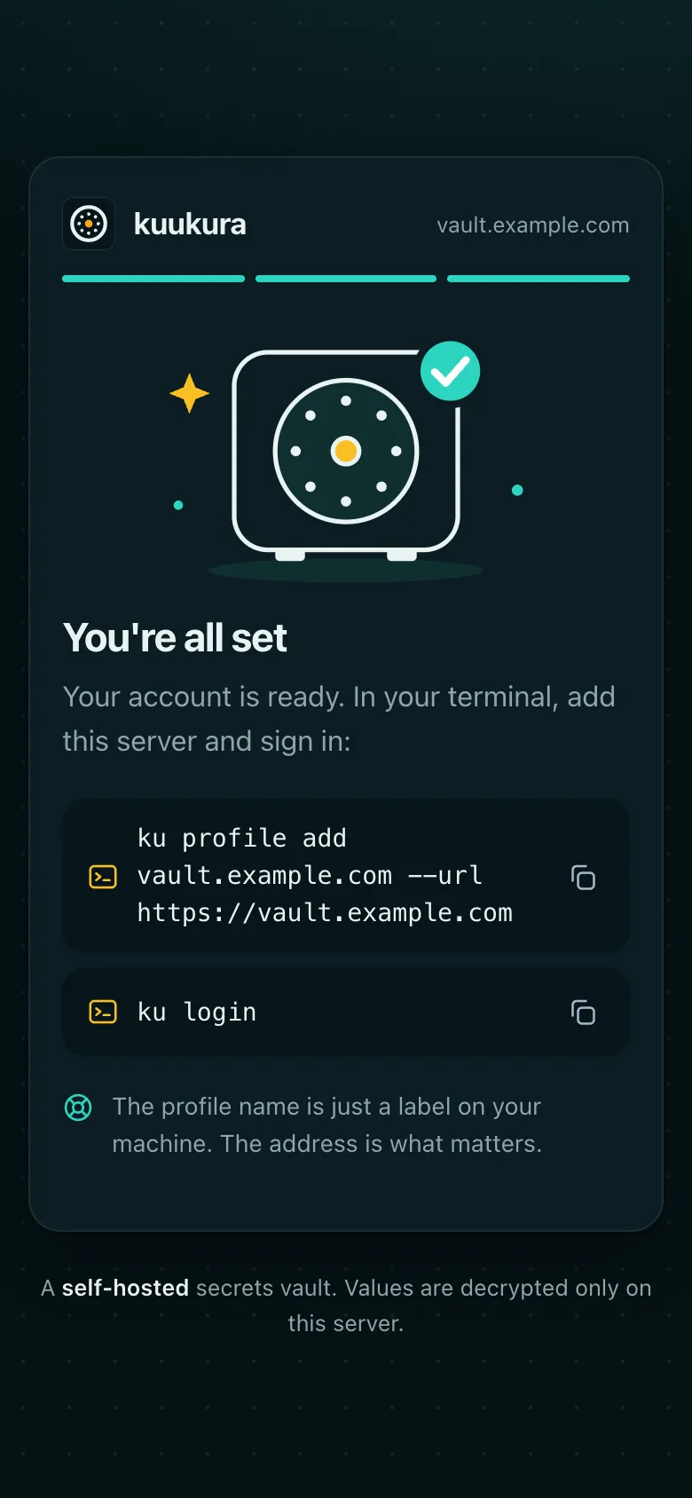 You're all set: your account is ready. In your terminal, add this server and sign in.