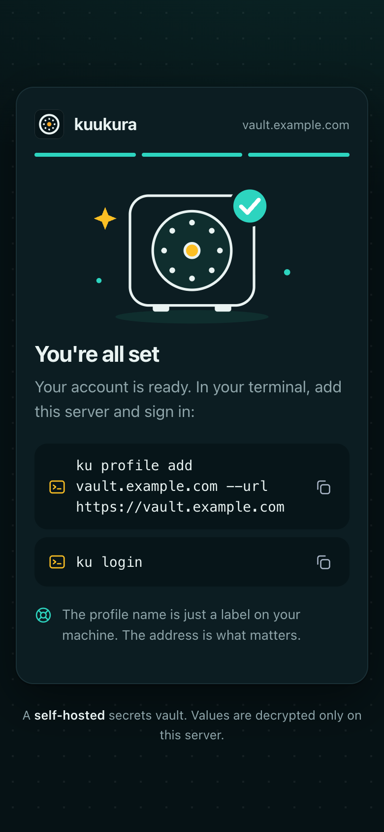 You're all set: your account is ready. In your terminal, add this server and sign in.
