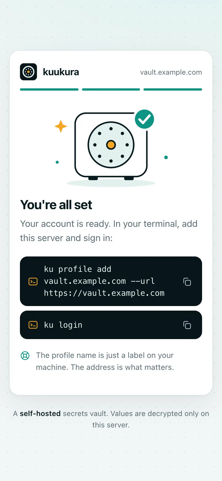 You're all set: your account is ready. In your terminal, add this server and sign in.