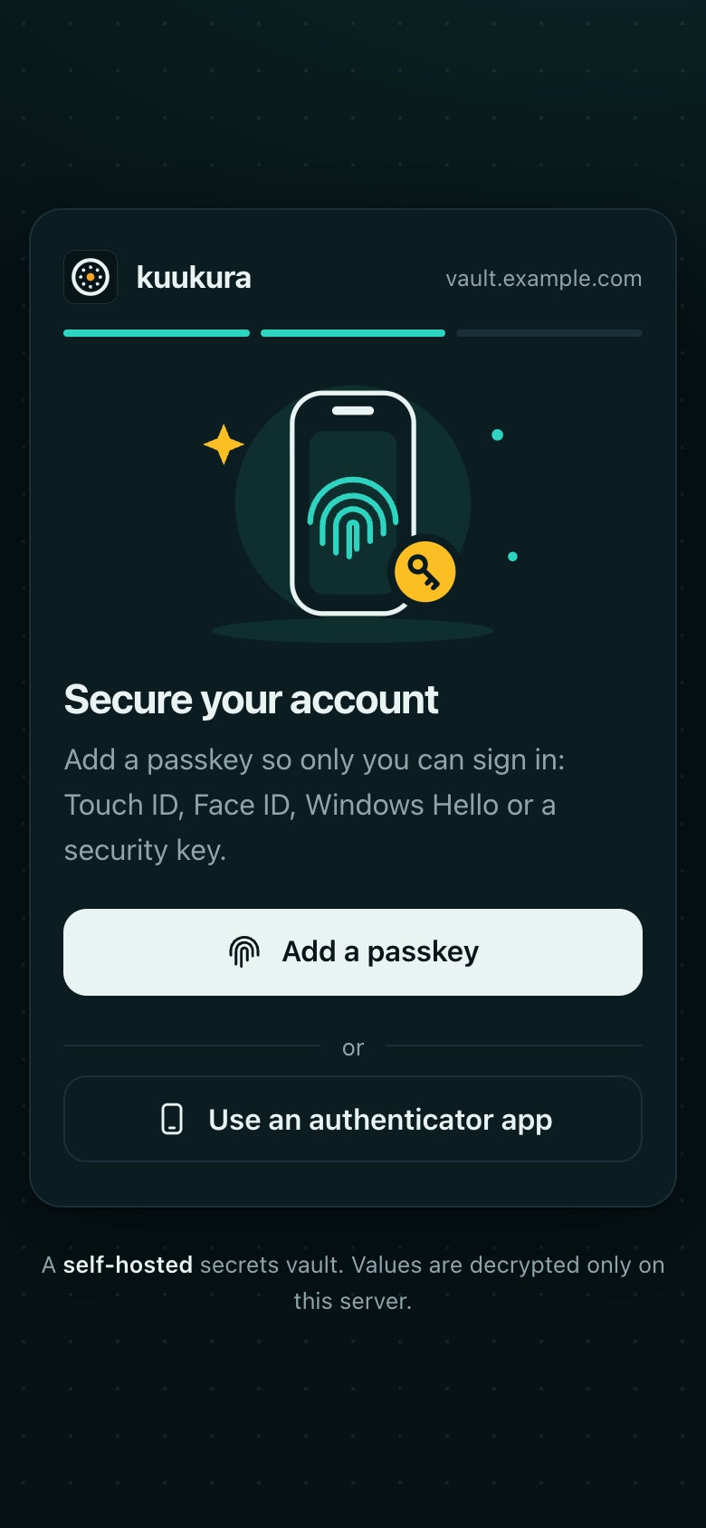 Secure your account: add a passkey, or use an authenticator app.