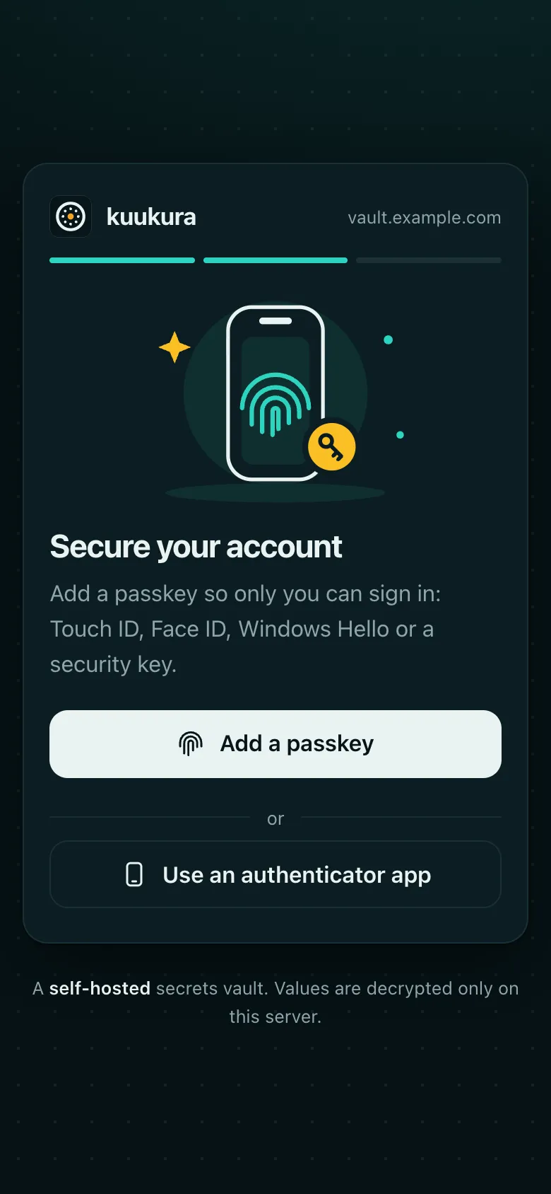 Secure your account: add a passkey or use an authenticator app.