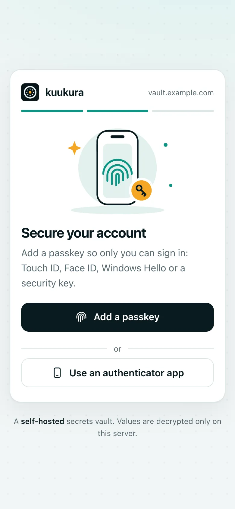 Secure your account: add a passkey or use an authenticator app.