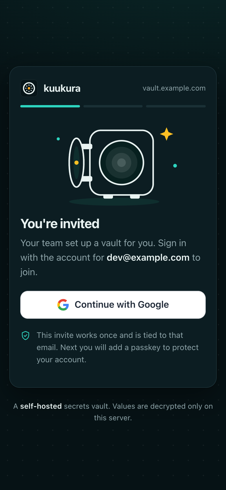 The invitation page: You're invited. Continue with Google.