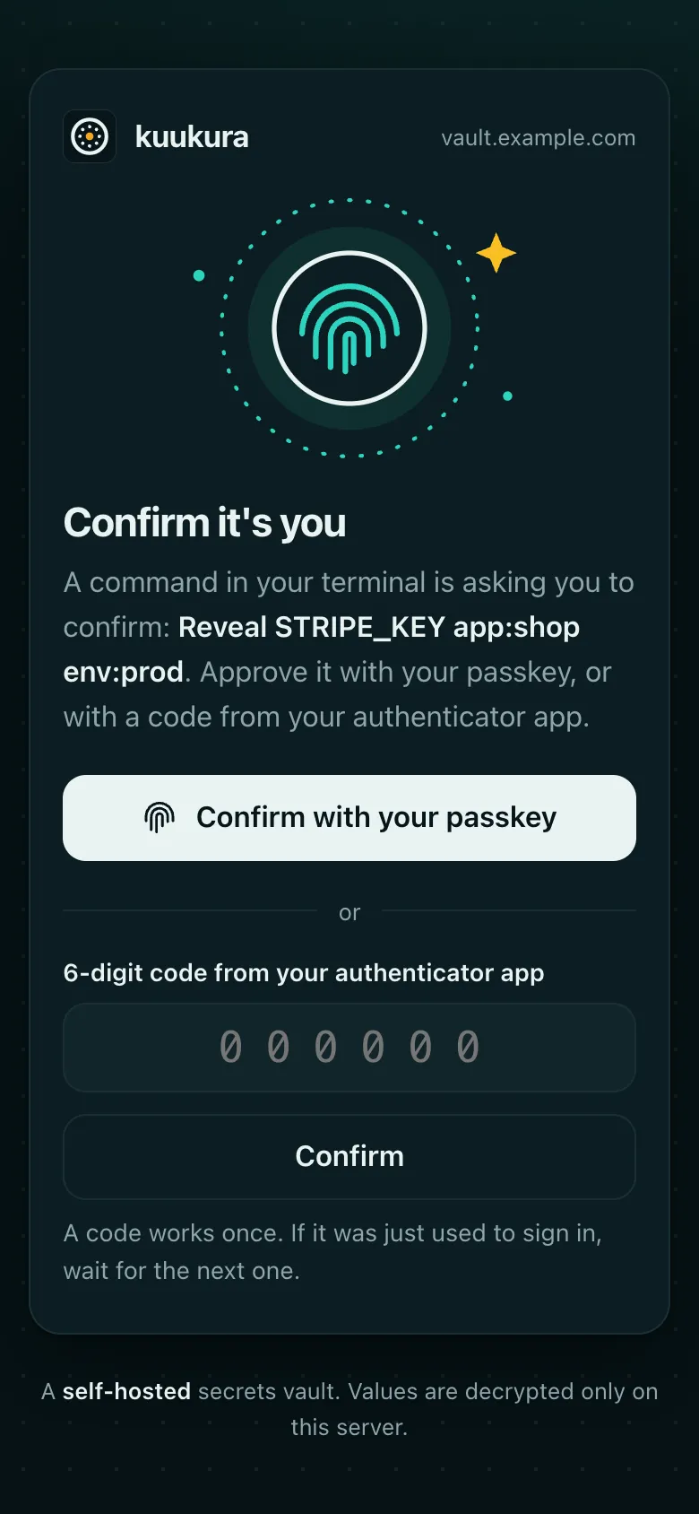 Confirm it's you: a command is asking to reveal STRIPE_KEY app:shop env:prod.