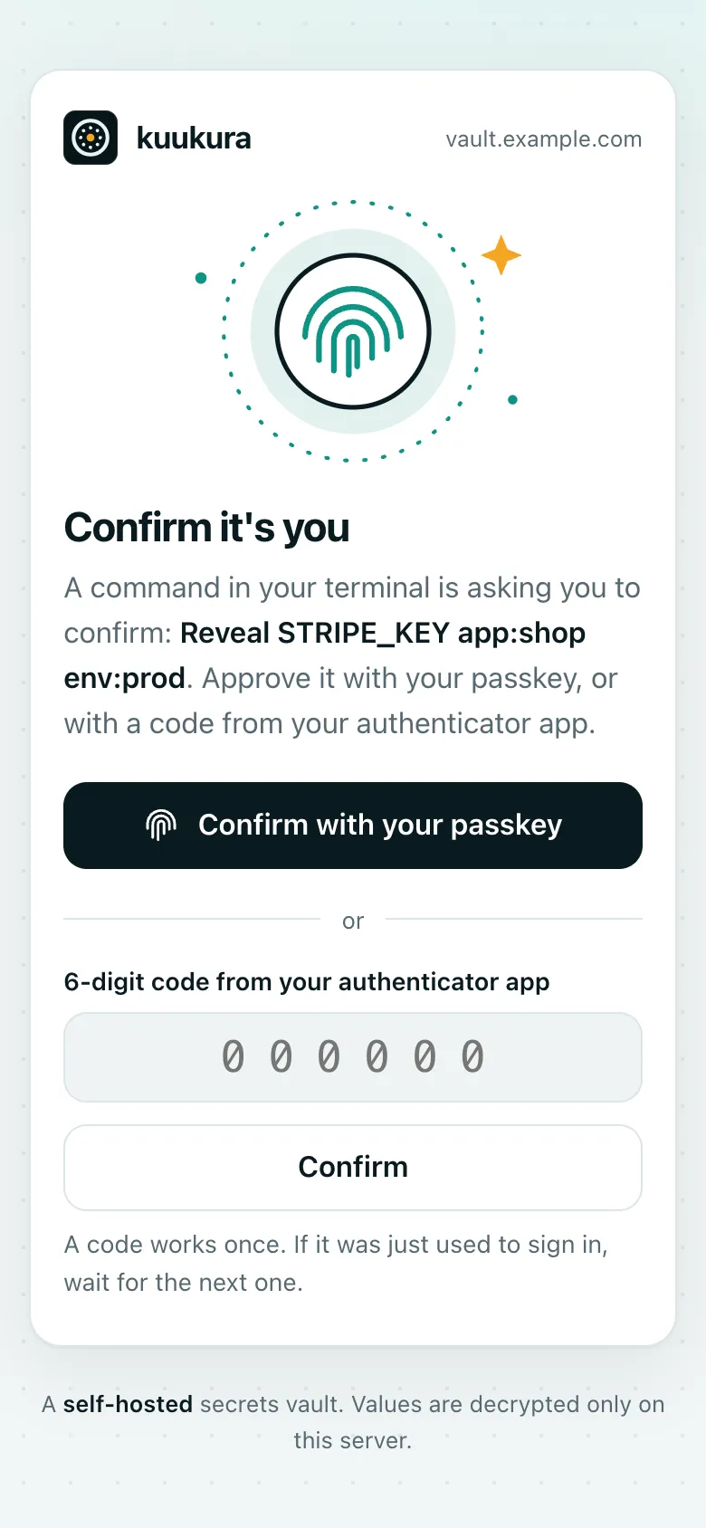 Confirm it's you: a command is asking to reveal STRIPE_KEY app:shop env:prod.